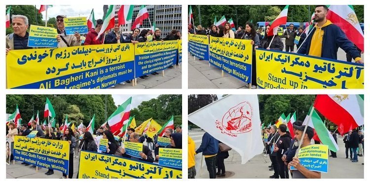 تظاهرات ایرانیان آزاده مقیم نروژ در اعتراض به سفر باقری کنی معاون وزیر خارجه آخوندها و تهاجم به وی با تخم مرغهای گندیده
