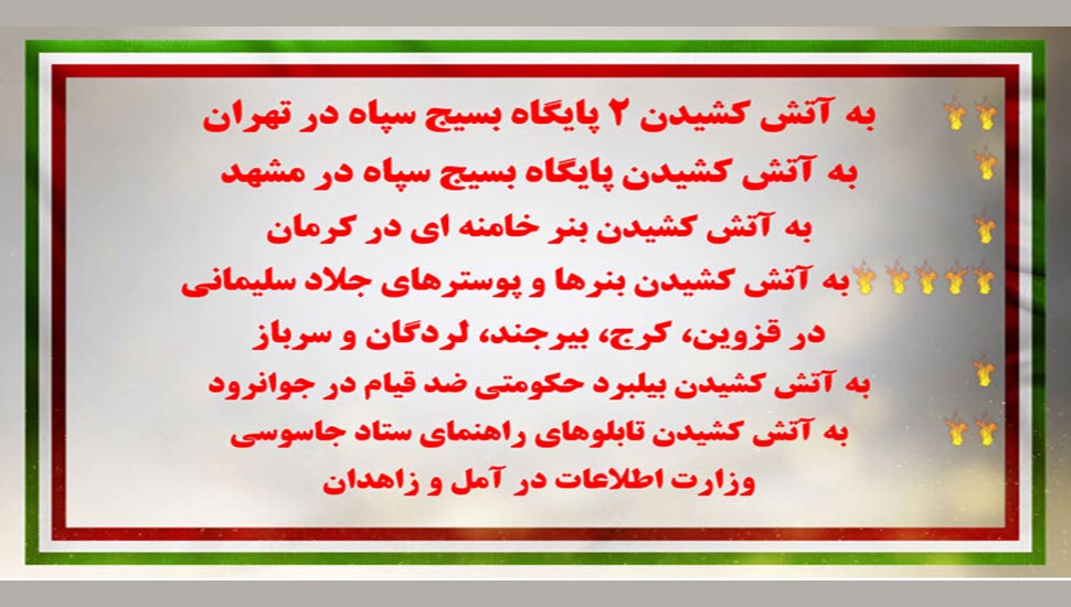 به آتش کشیدن پایگاهها و نمادهای رژیم در تهران، مشهد، کرمان، قزوین، کرج، بیرجند، لردگان، سرباز، جوانرود، آمل و زاهدان
