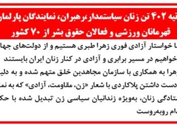 بیانیه ۴۰۲ تن زنان سیاستمدار، رهبران، نمایندگان پارلمان، قهرمانان ورزشی و فعالان حقوق بشر برای جلوگیری از اعدام زهرا طبری