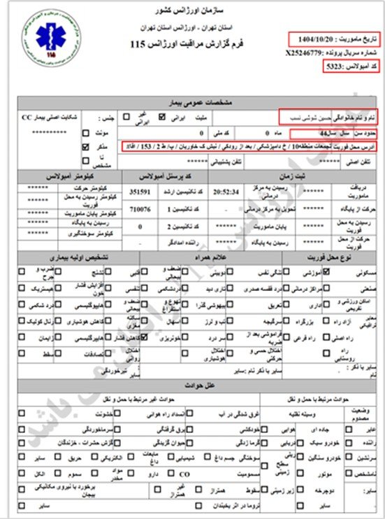 حسین شوشی نسب 44 ساله ، تیرخوردگی با ساچمه (20 دی)