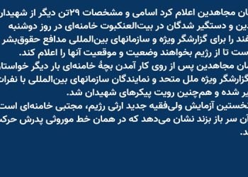 ارسال اسامی و مشخصات ۲۹تن دیگر از شهیدان، مفقودین و دستگیر شدگان در بیت‌العنکبوت به گزارشگر ویژه