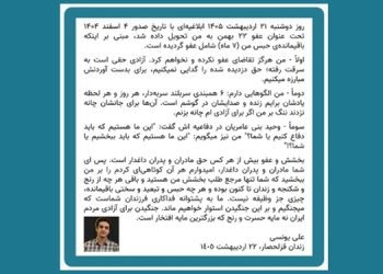 پاسخ زندانی سیاسی علی یونسی به قضاییه‌ جلادان در مورد عفو ۷ ماه باقیماندهٔ محکومیت او در زندان