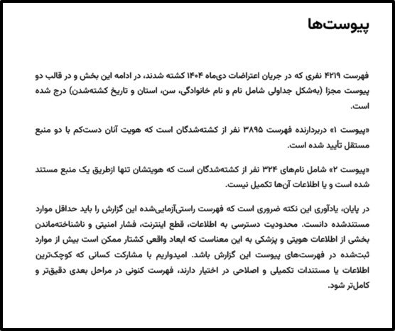 کشتار معترضان دیماه ۱۴۰۴ - گزارش سازمان حقوق بشر ایران - پیوست‌ها